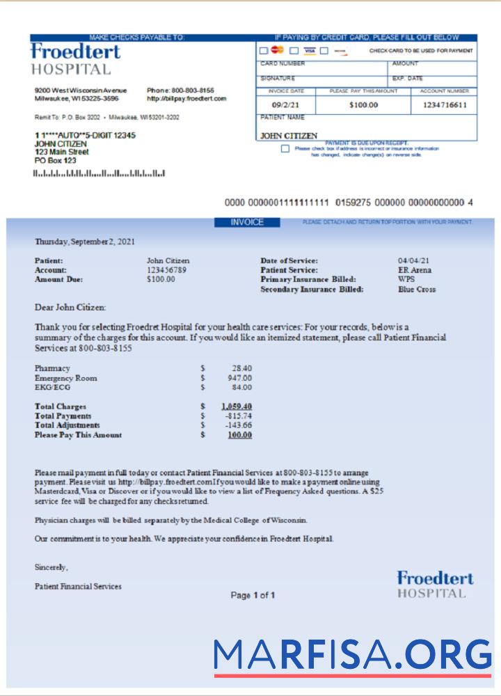 Blank USA Froedtert Hospital invoice sample